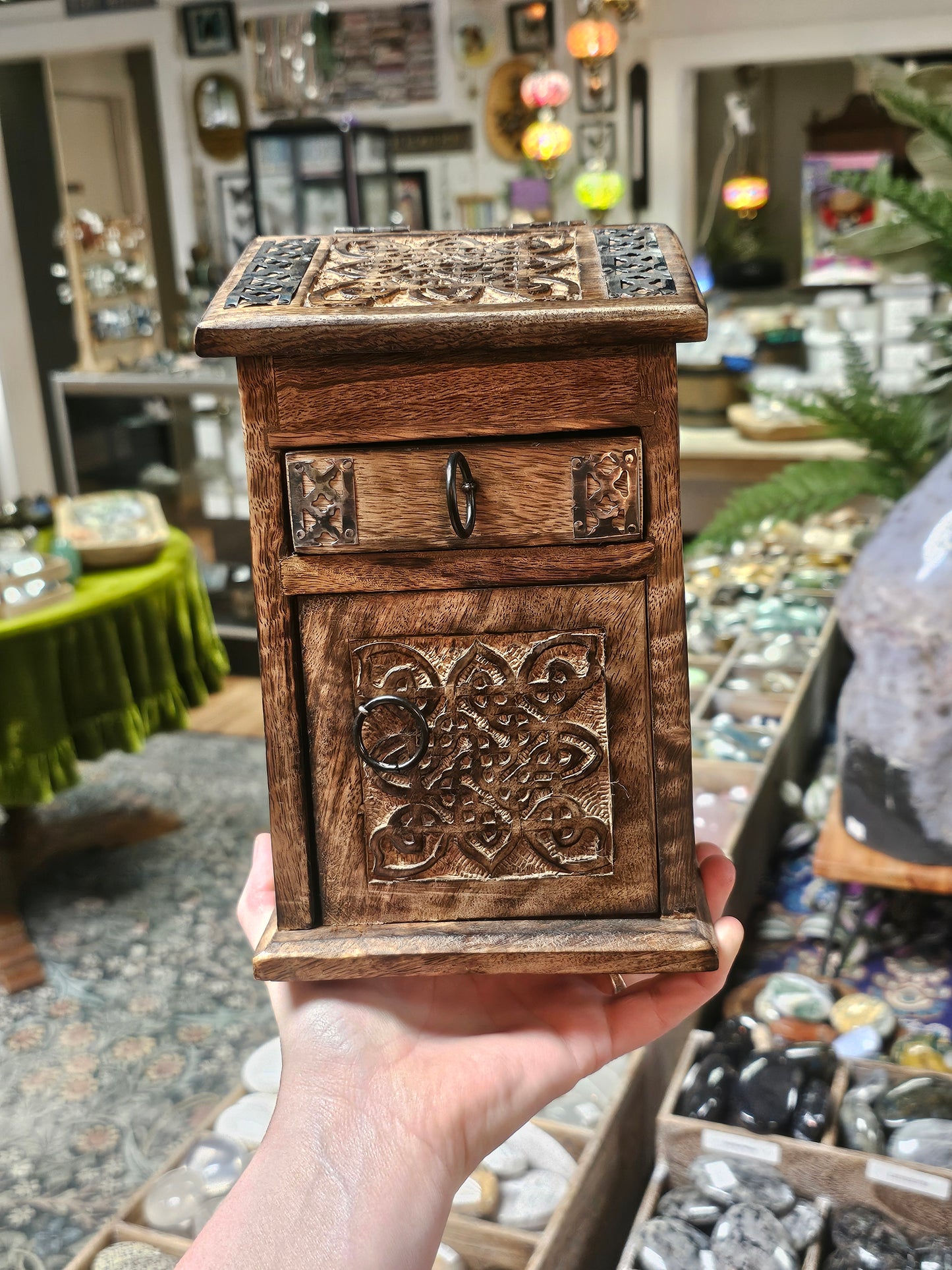 Carved Wooden Storage Box with Metal Accents