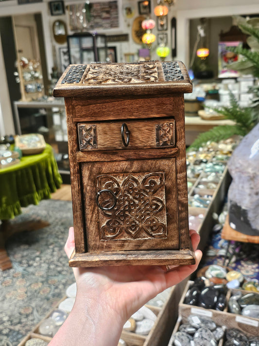 Carved Wooden Storage Box with Metal Accents