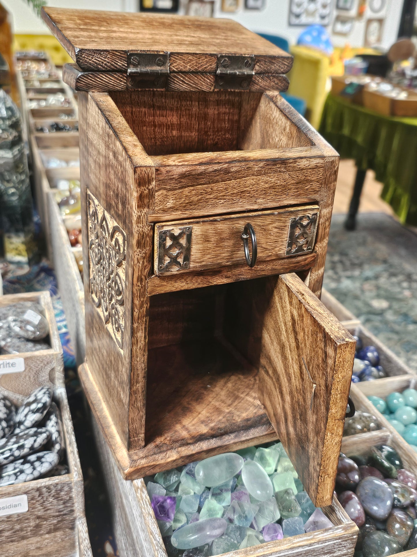 Carved Wooden Storage Box with Metal Accents