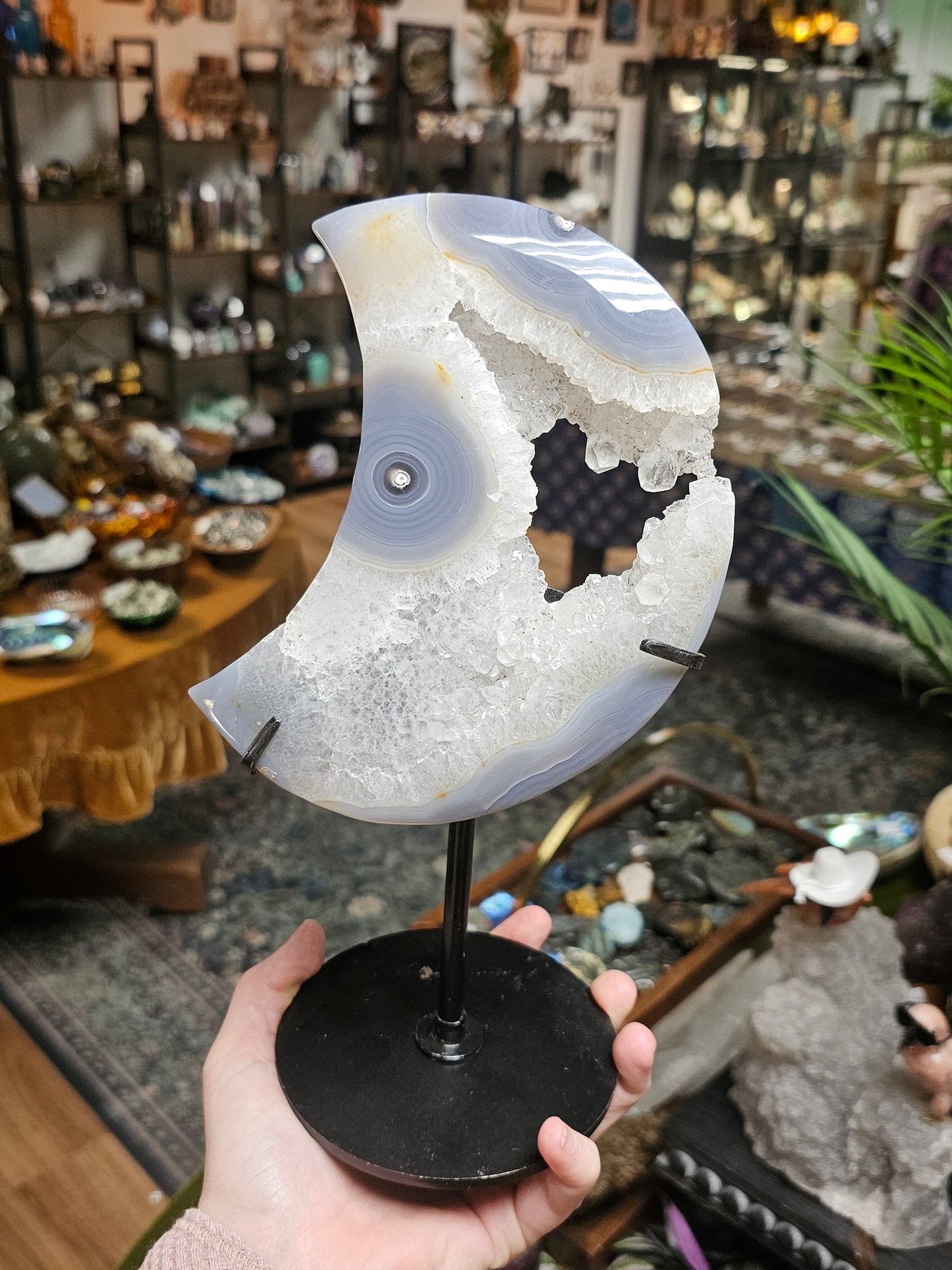 Druzy Agate Moon Carving w/ stand