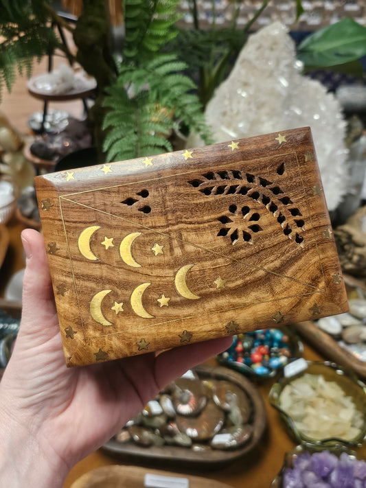 Inlayed Brass Moon and Star Wooden Box