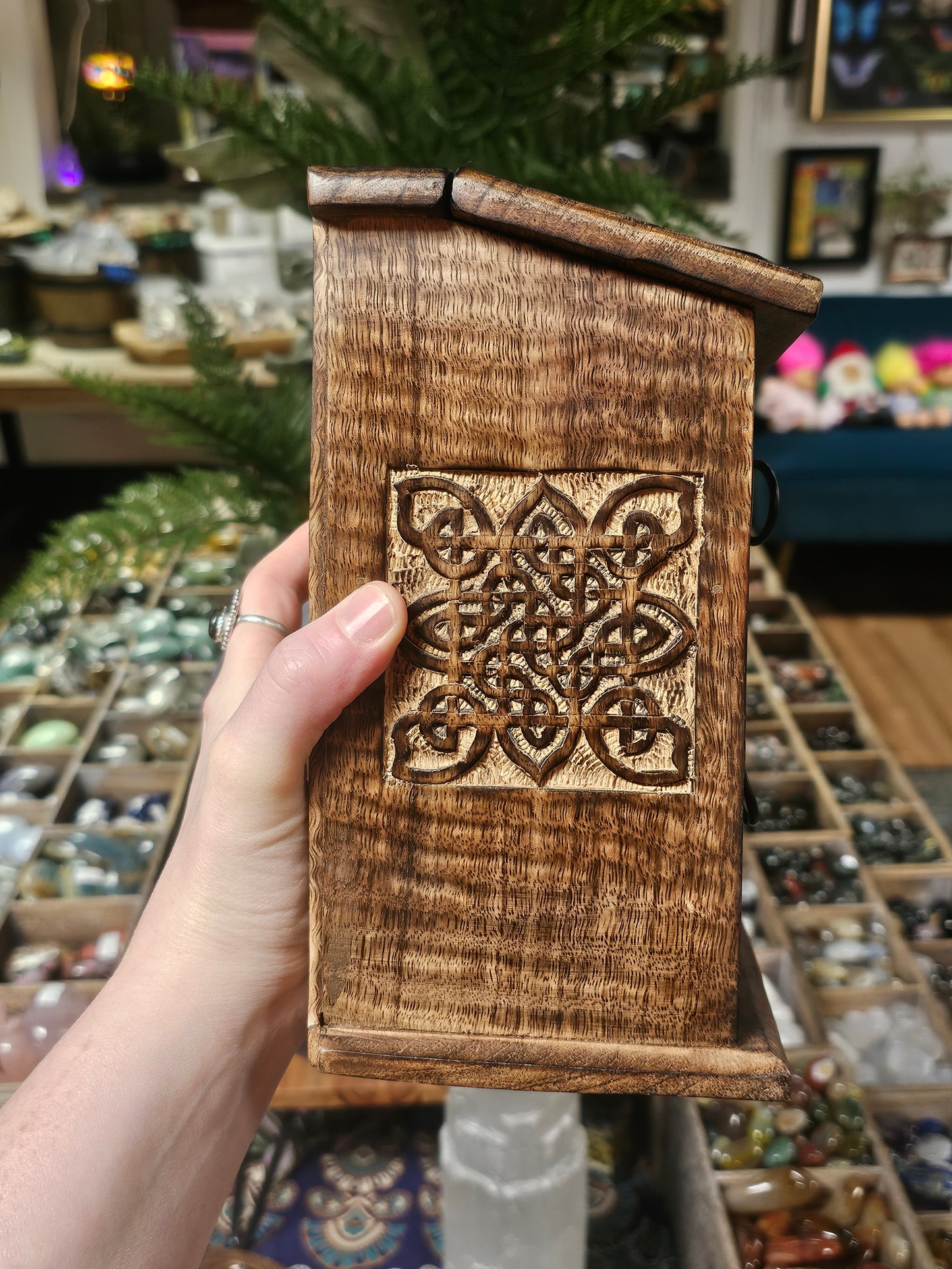Carved Wooden Storage Box with Metal Accents