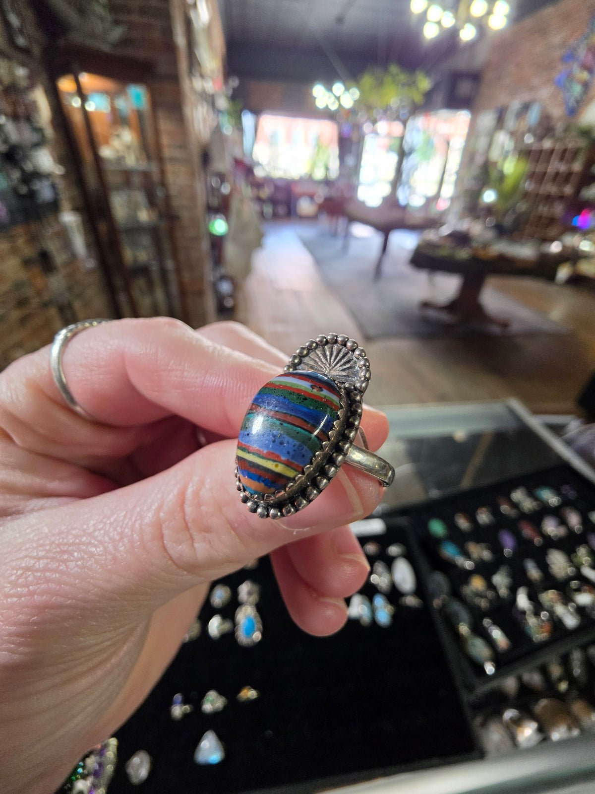 Rainbow Calsilica Ring Size 8.5 ( Manmade Stone)