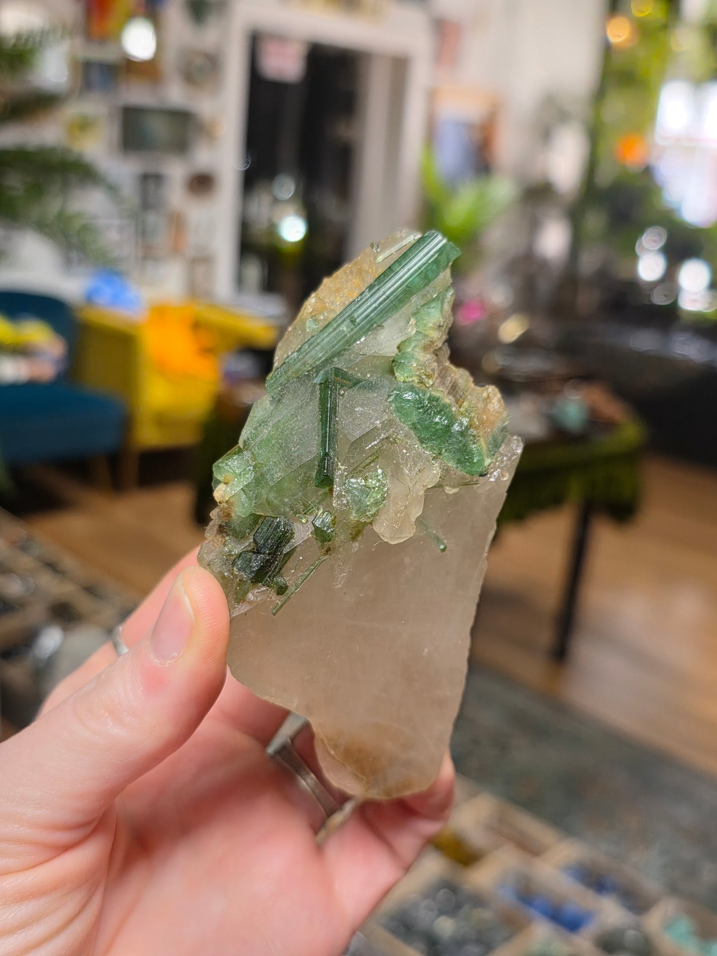 Green Tourmaline on Quartz