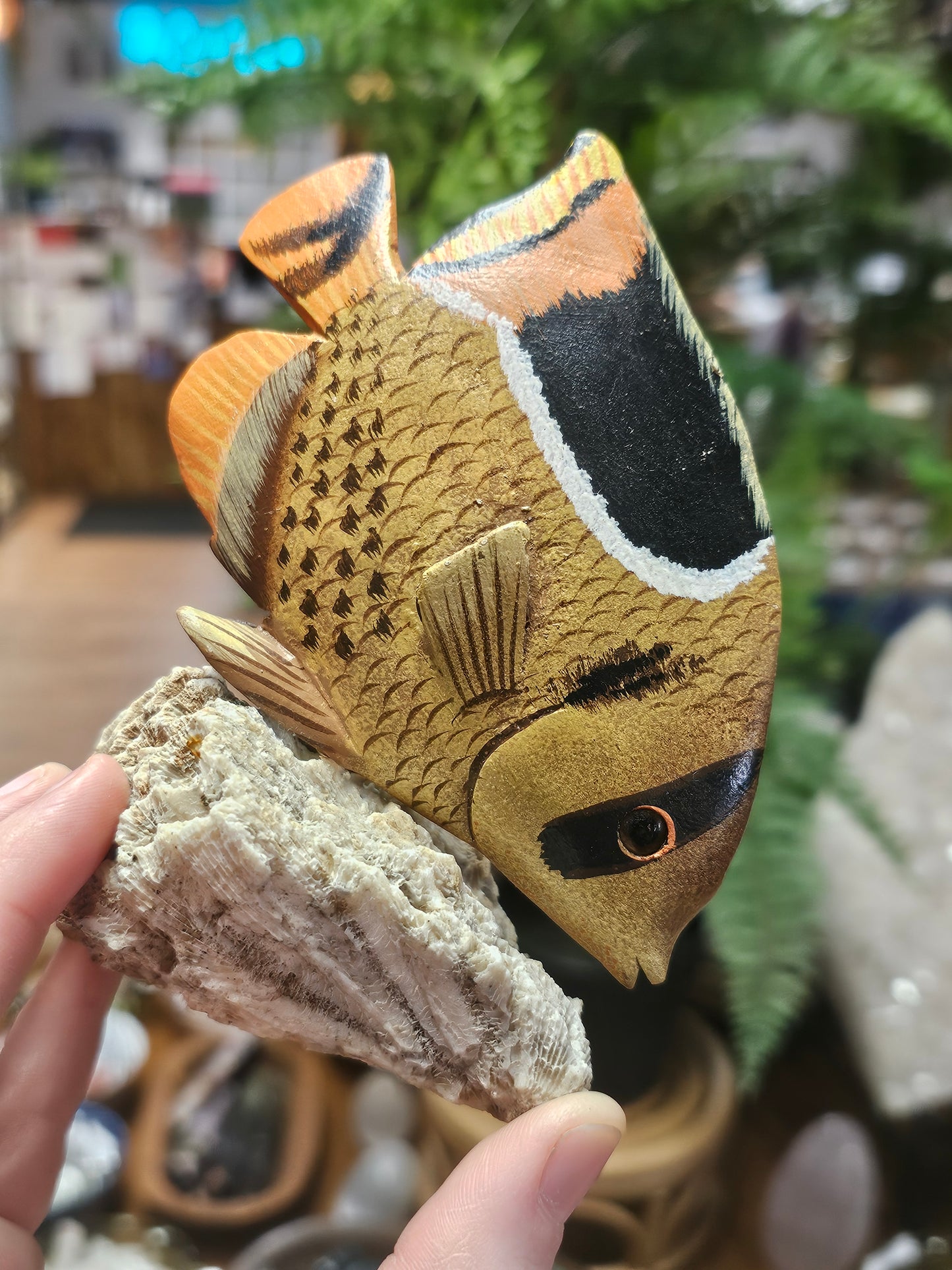 Wooden Threadfin ButterflyFish Carving, Natural Coral Base
