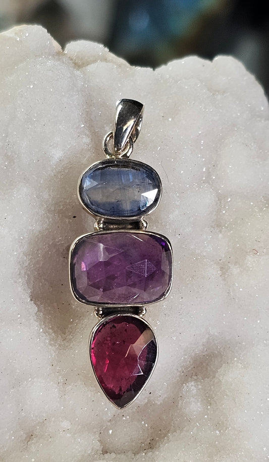 Blue Kyanite, Amethyst & Garnet Pendant