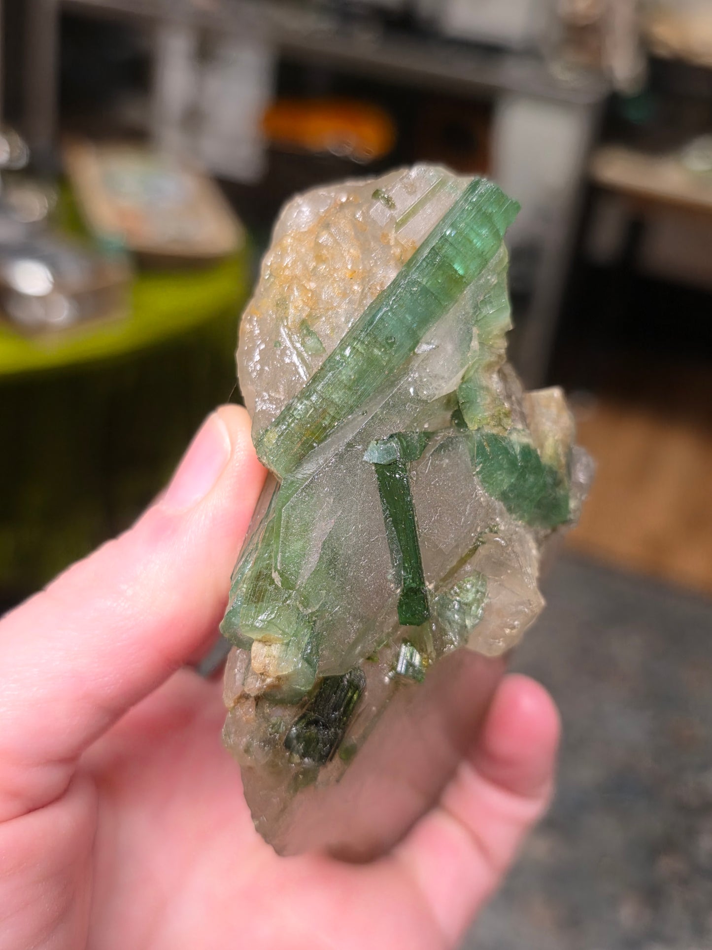 Green Tourmaline on Quartz