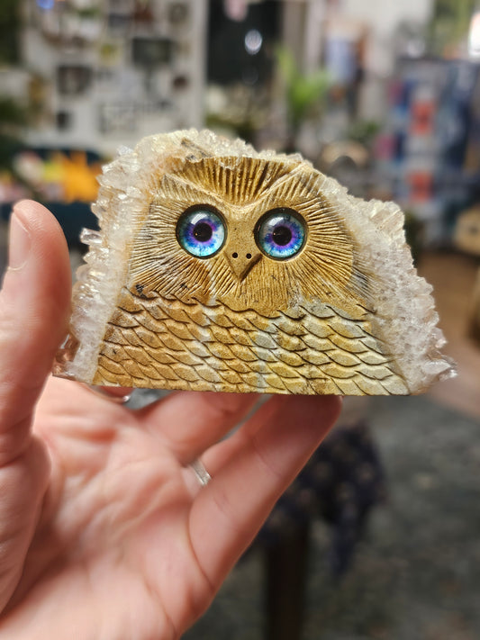 Quartz Cluster Owl Carving