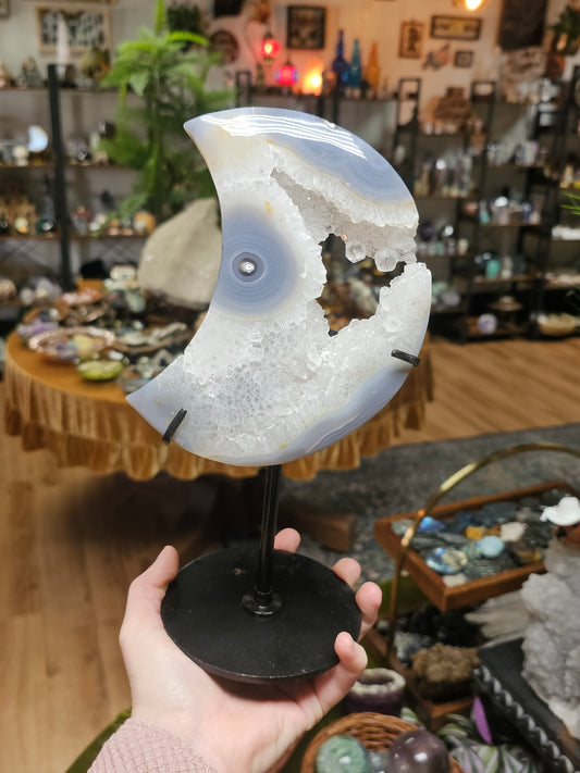 Druzy Agate Moon Carving w/ stand