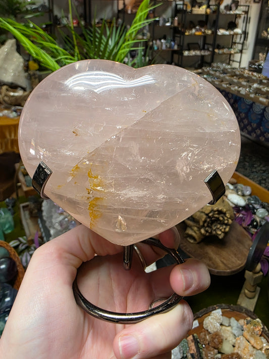 Girasol Rose Quartz heart on stand (chipped)
