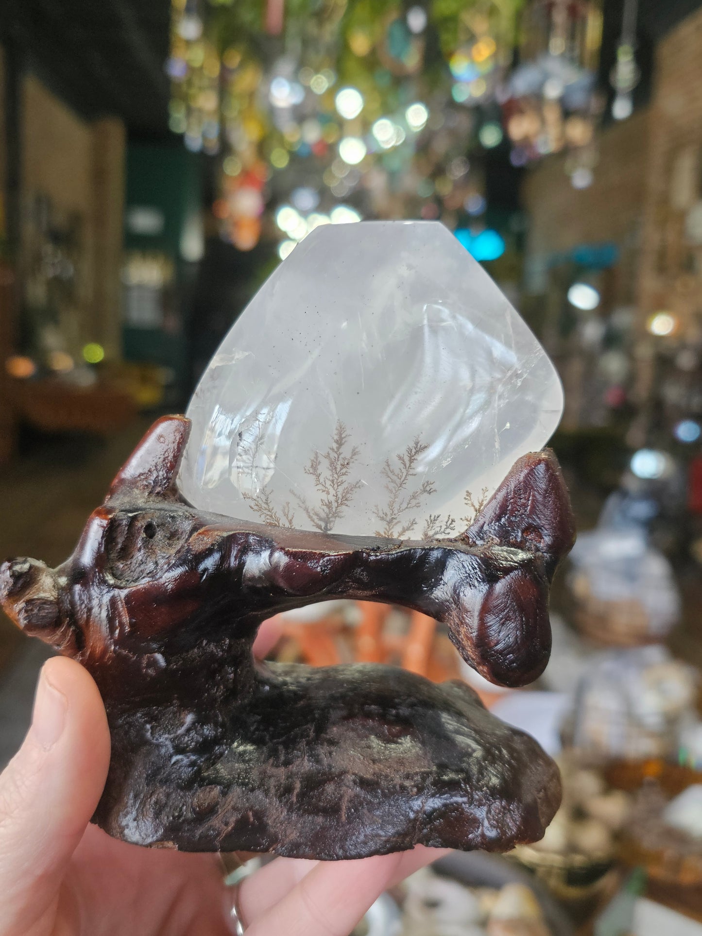 Dendritic Girasol Quartz on wood base
