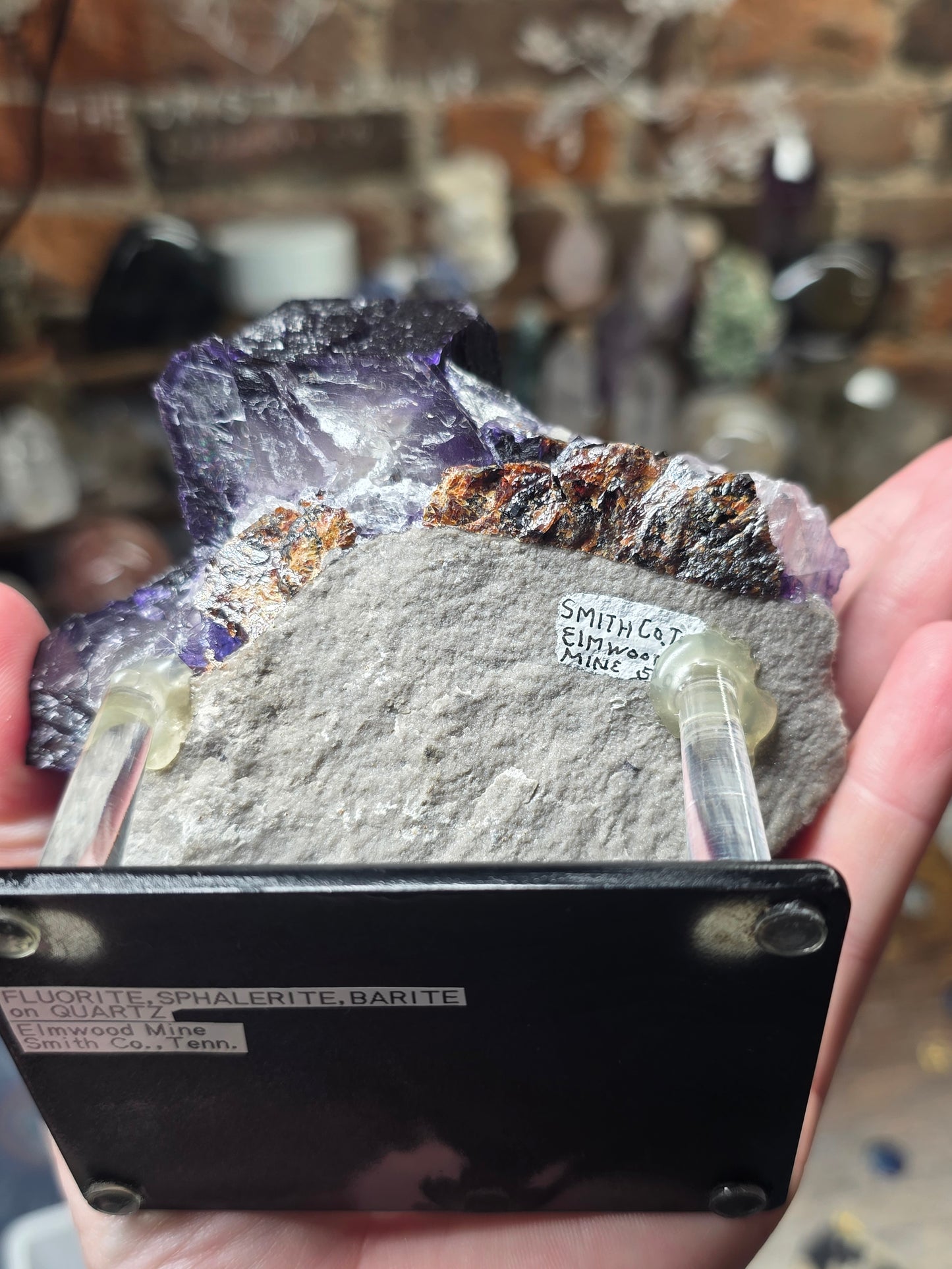 Fluorite, Sphalerite, Barite on Druzy Quartz