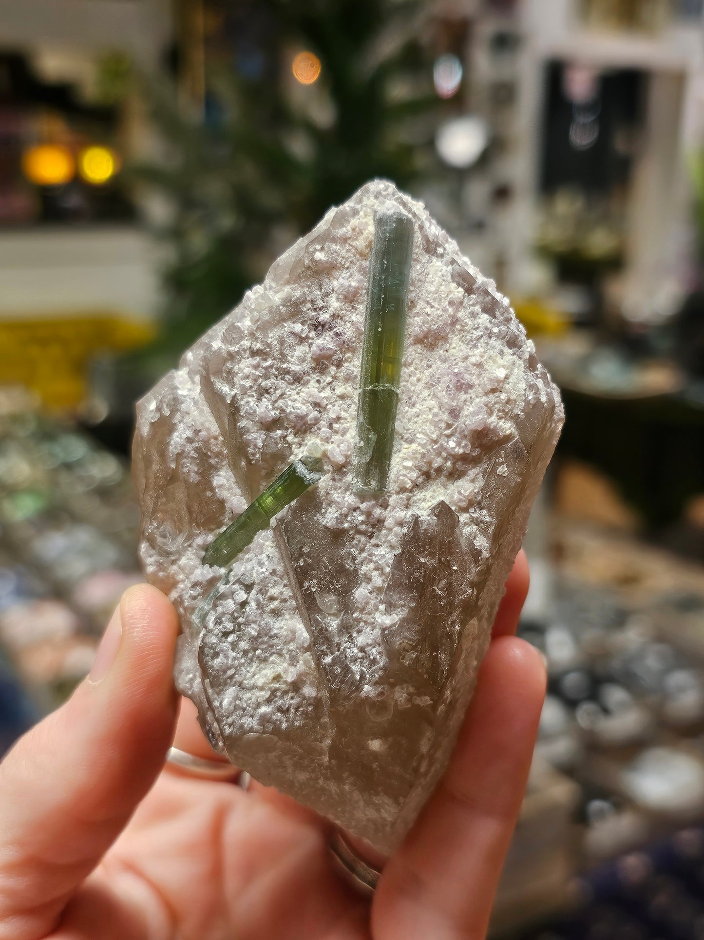 Green Tourmaline On Quartz with Lepidolite
