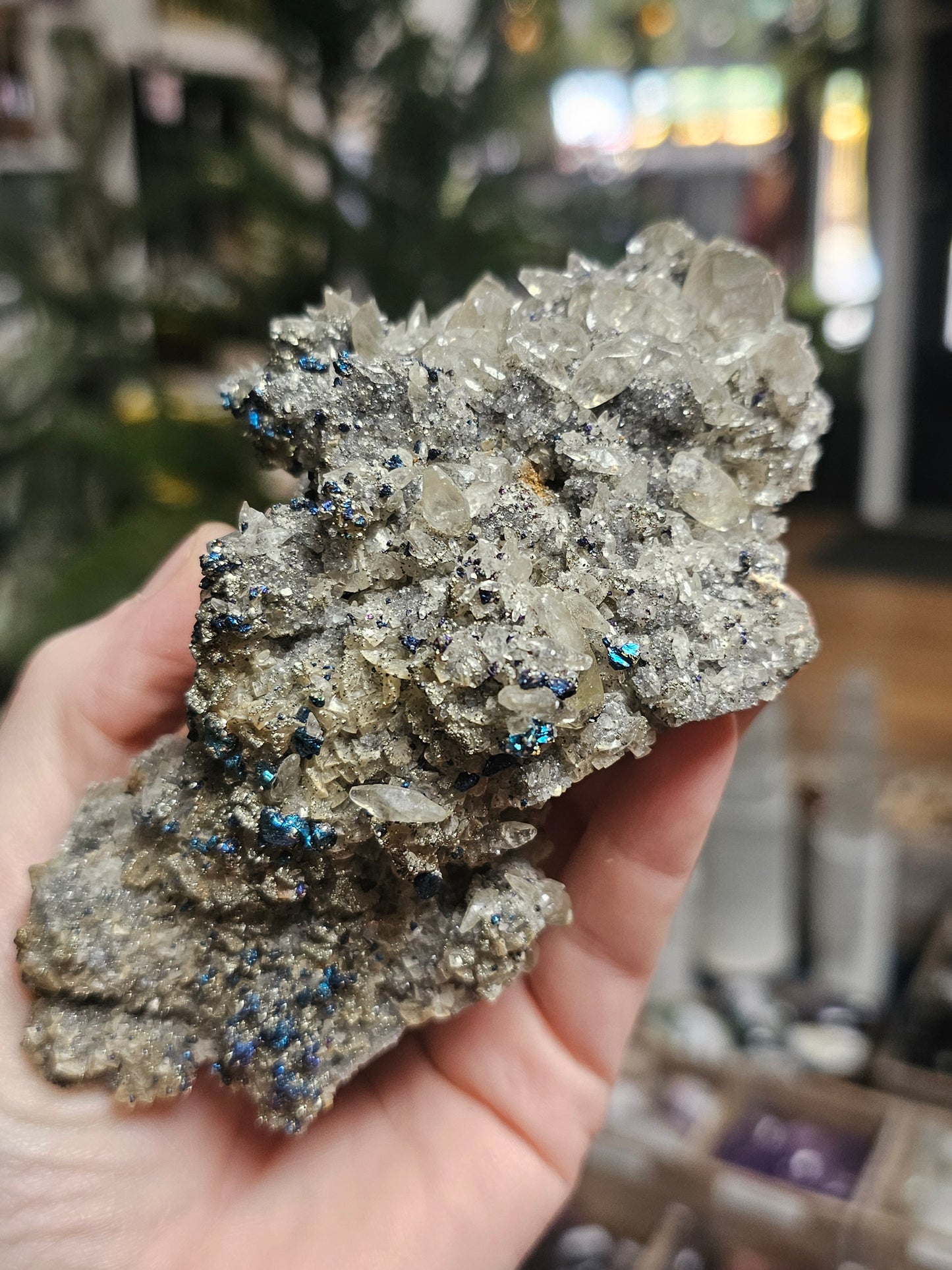 Chalcopyrite and Calcite on Druzy Quartz
