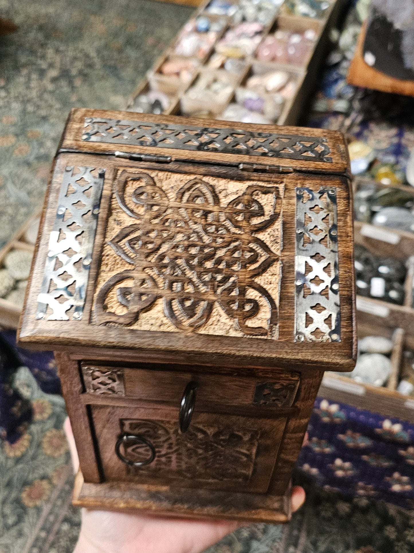 Carved Wooden Storage Box with Metal Accents