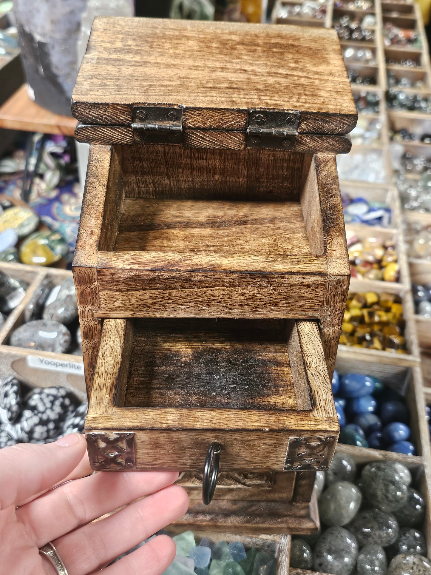 Carved Wooden Storage Box with Metal Accents