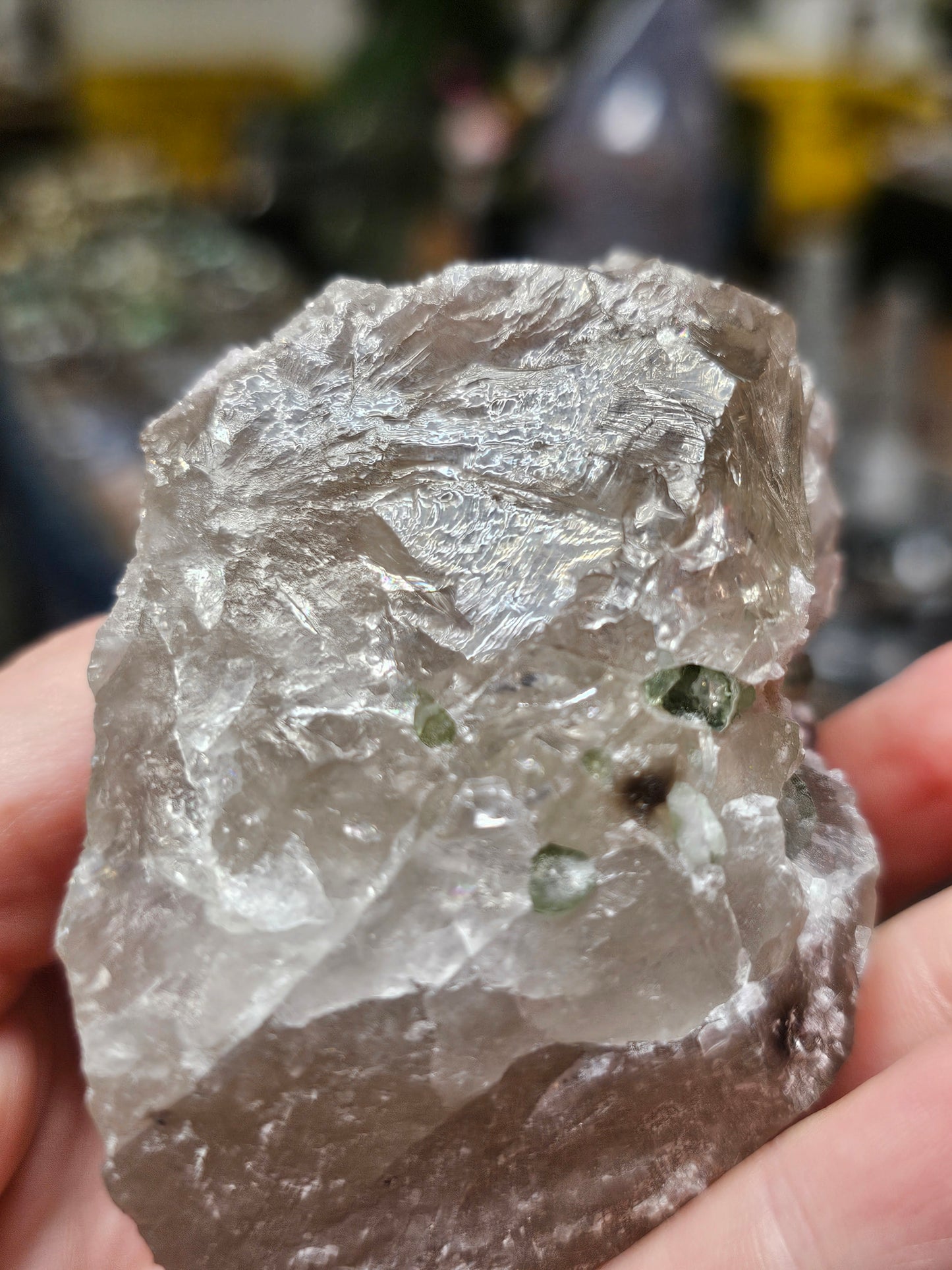 Green Tourmaline On Quartz with Lepidolite