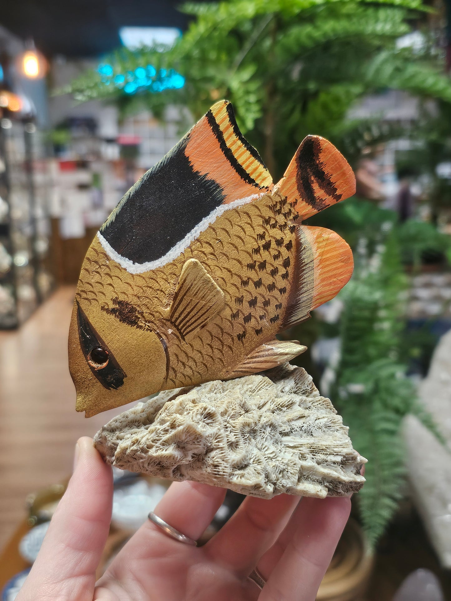 Wooden Threadfin ButterflyFish Carving, Natural Coral Base