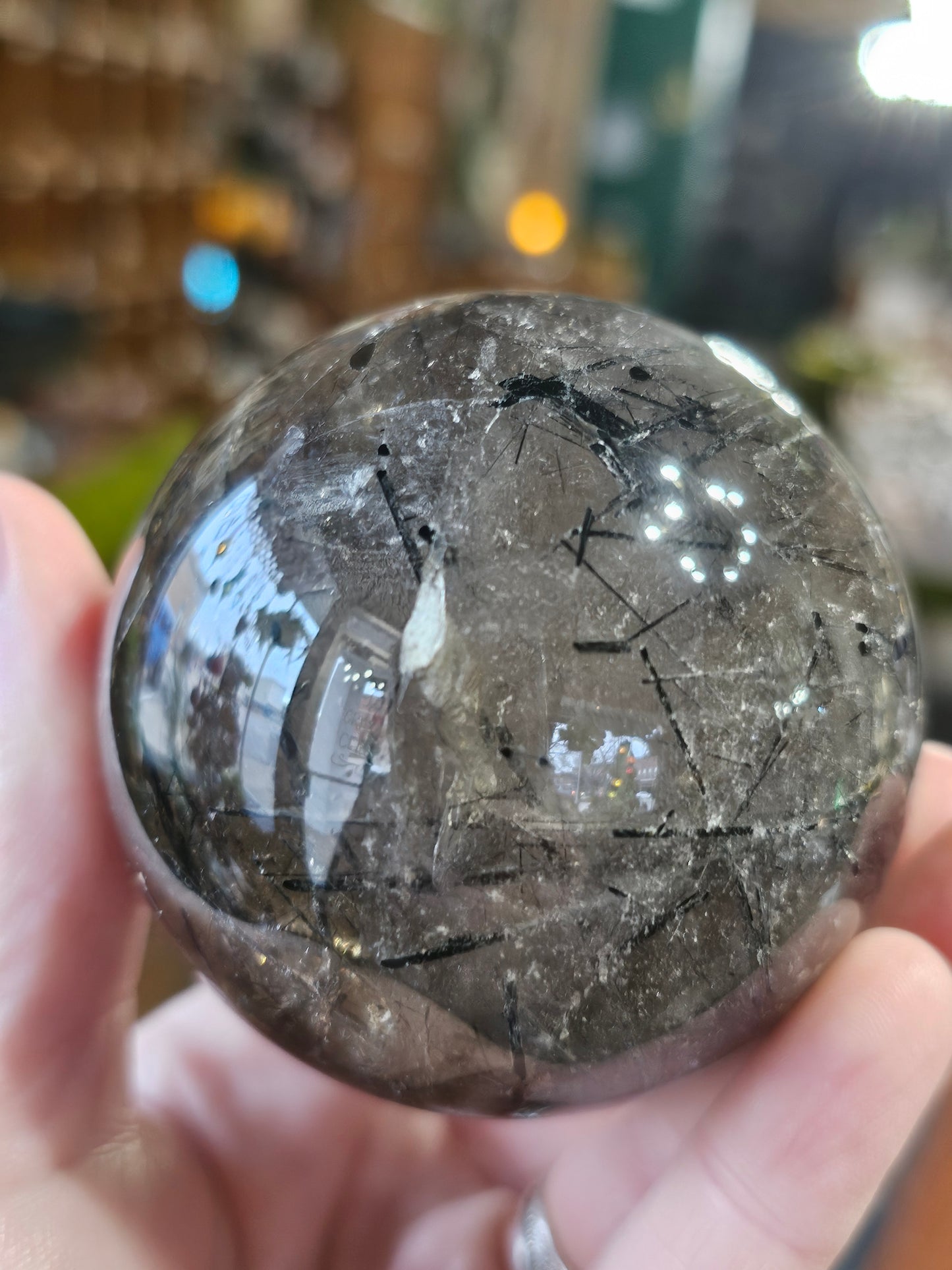 Black Tourmaline in Smoky Quartz Sphere