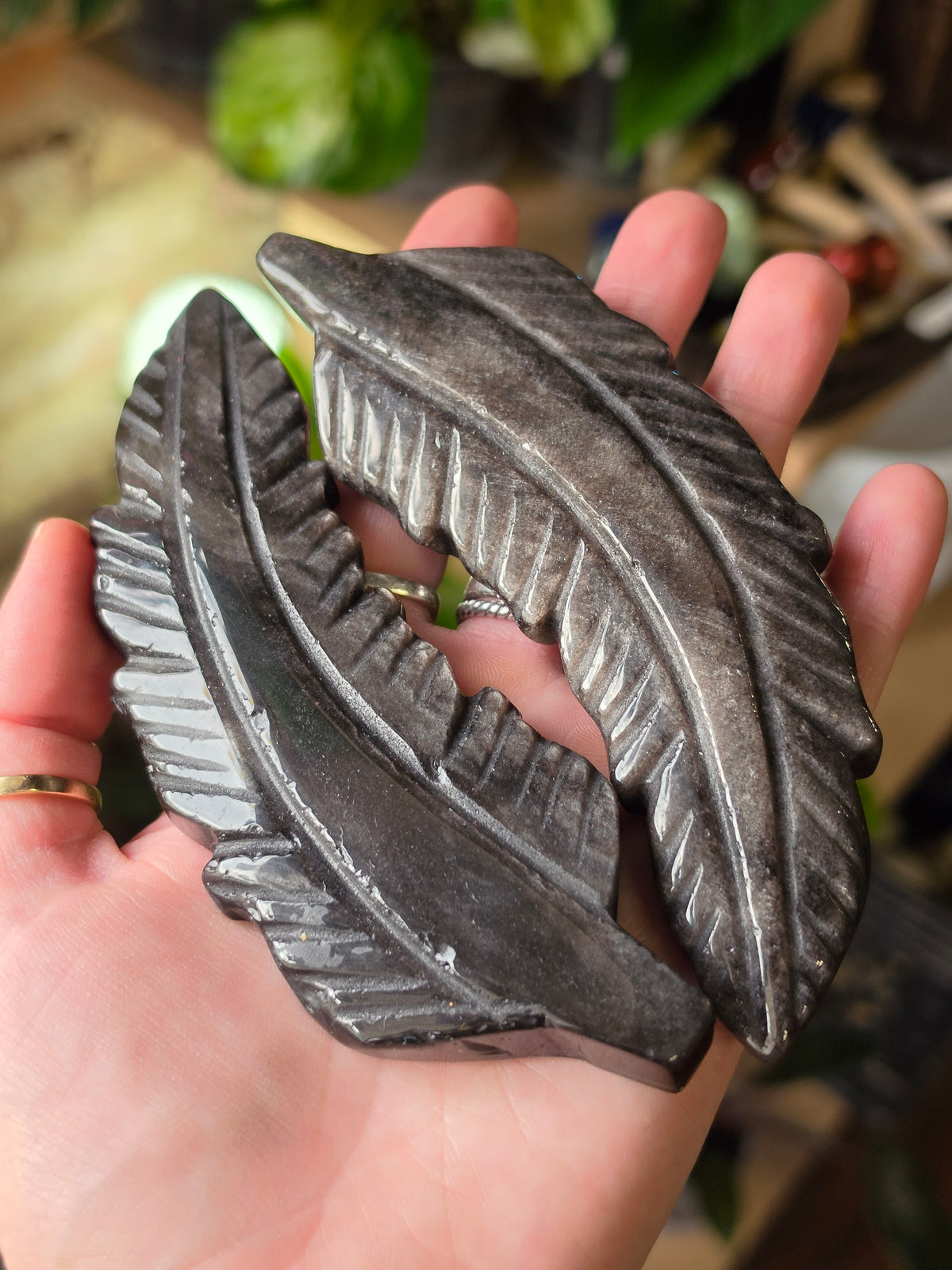 Silversheen Obsidian Feather Carving