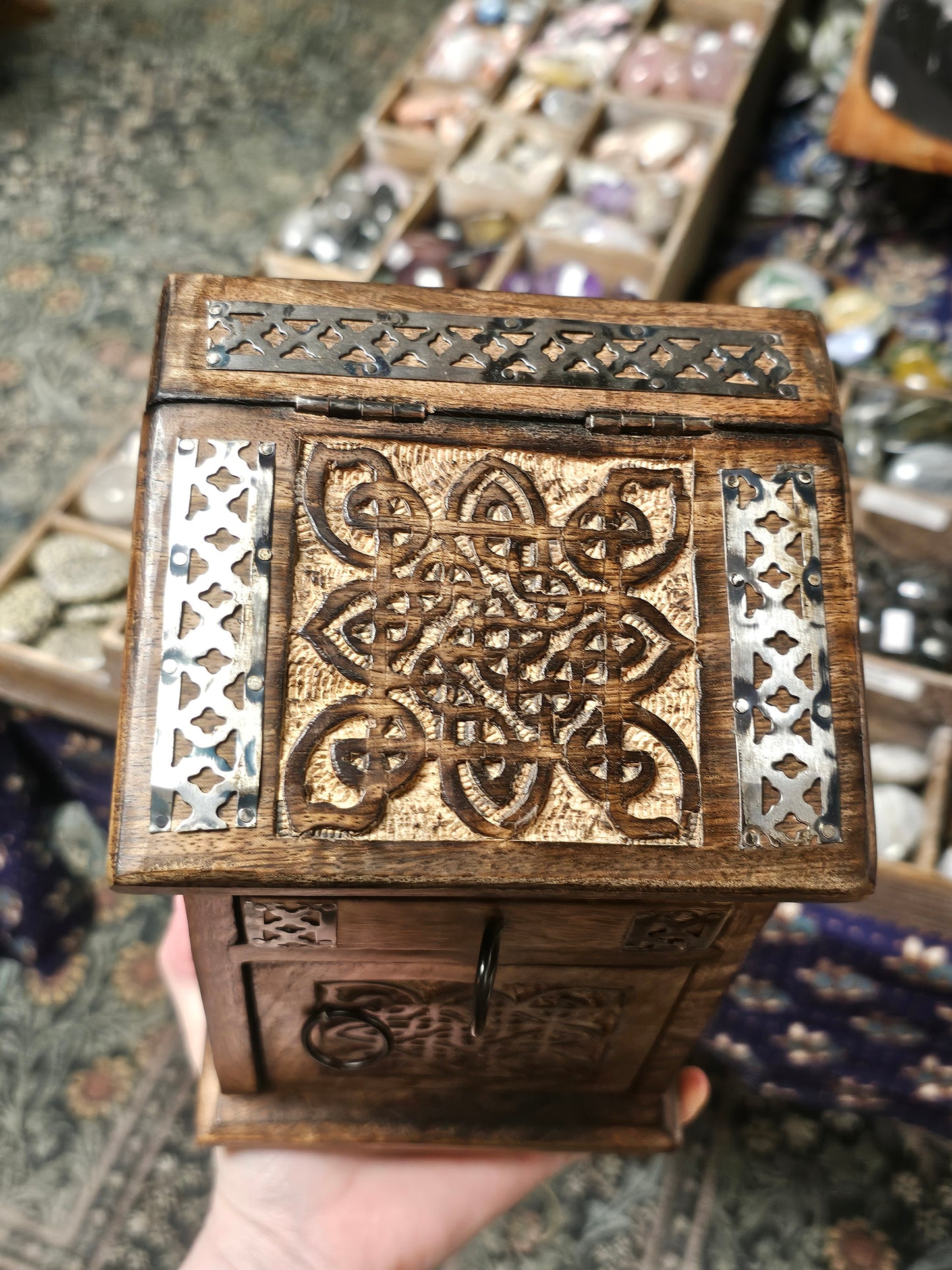 Carved Wooden Storage Box with Metal Accents