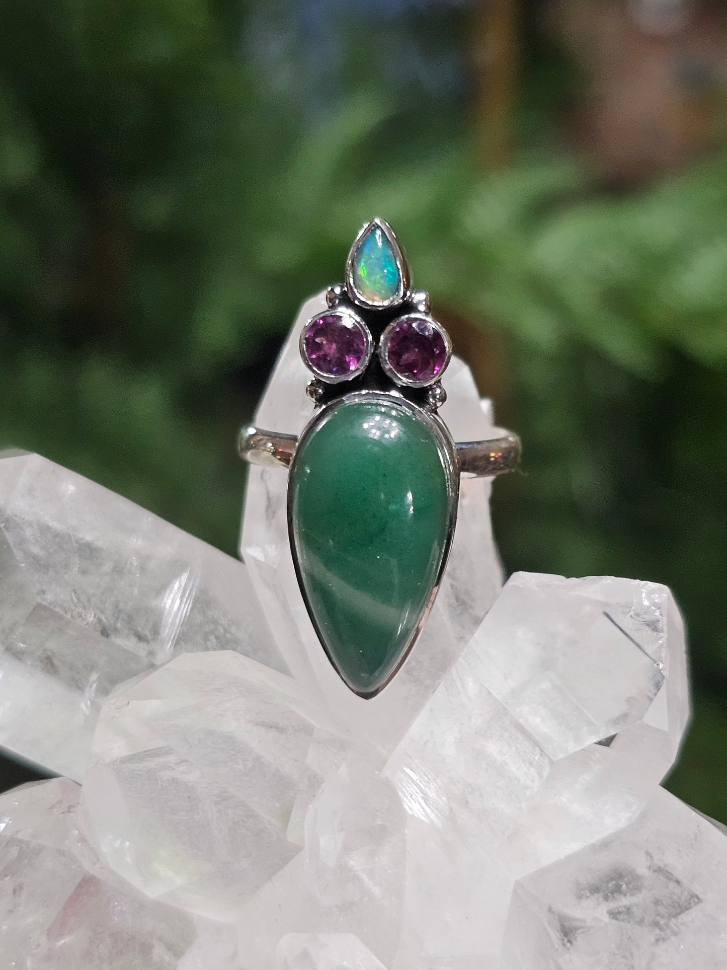 Size 7 Ethiopian Opal, Garnet & Jade Ring