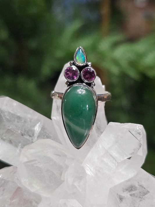 Size 7 Ethiopian Opal, Garnet & Jade Ring