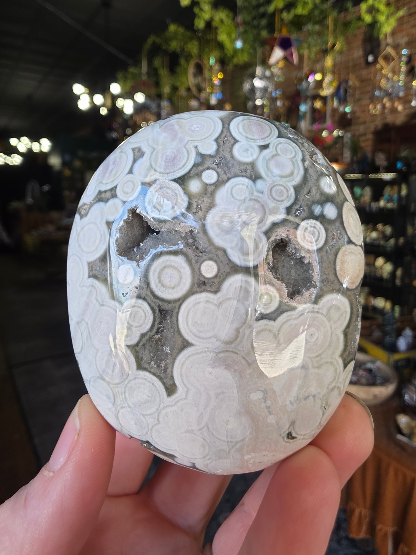 Large Druzy 8th Vein Ocean Jasper Palm Stone