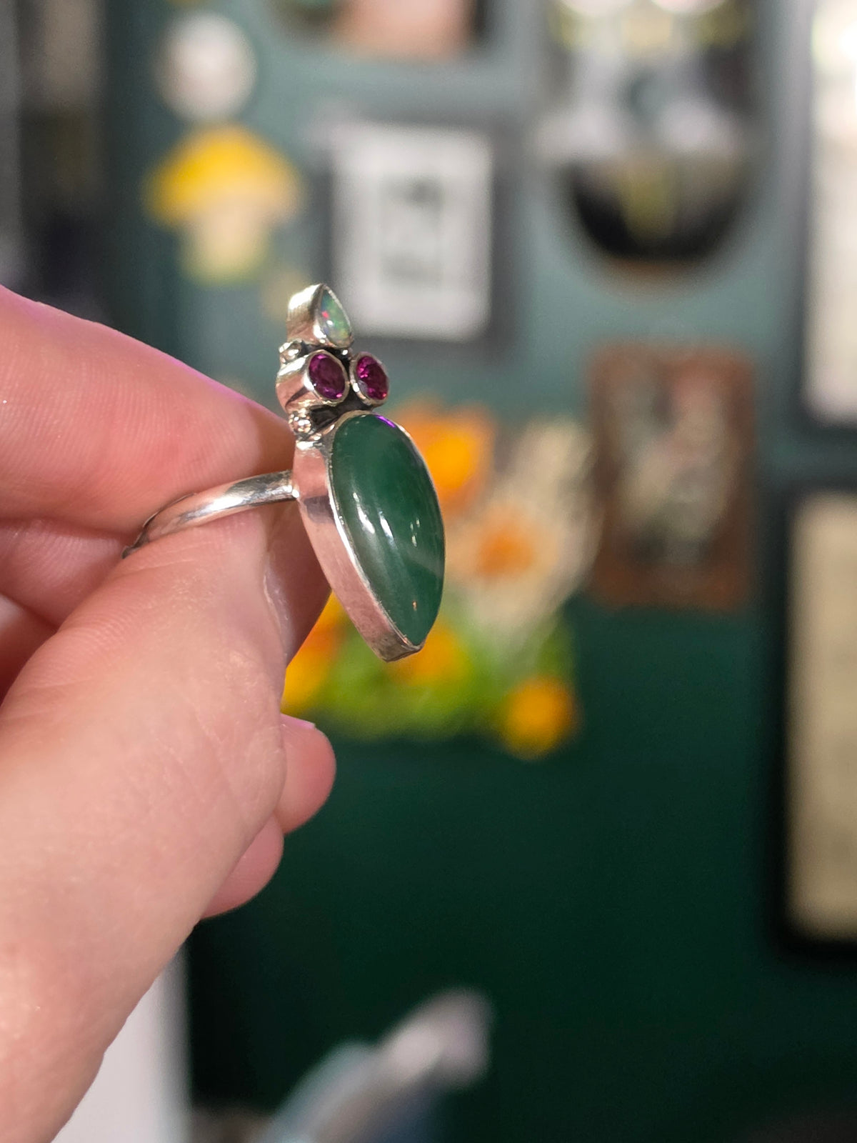 Size 7 Ethiopian Opal, Garnet & Jade Ring