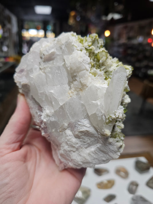 Green Tourmaline and Lepidolite on Albite