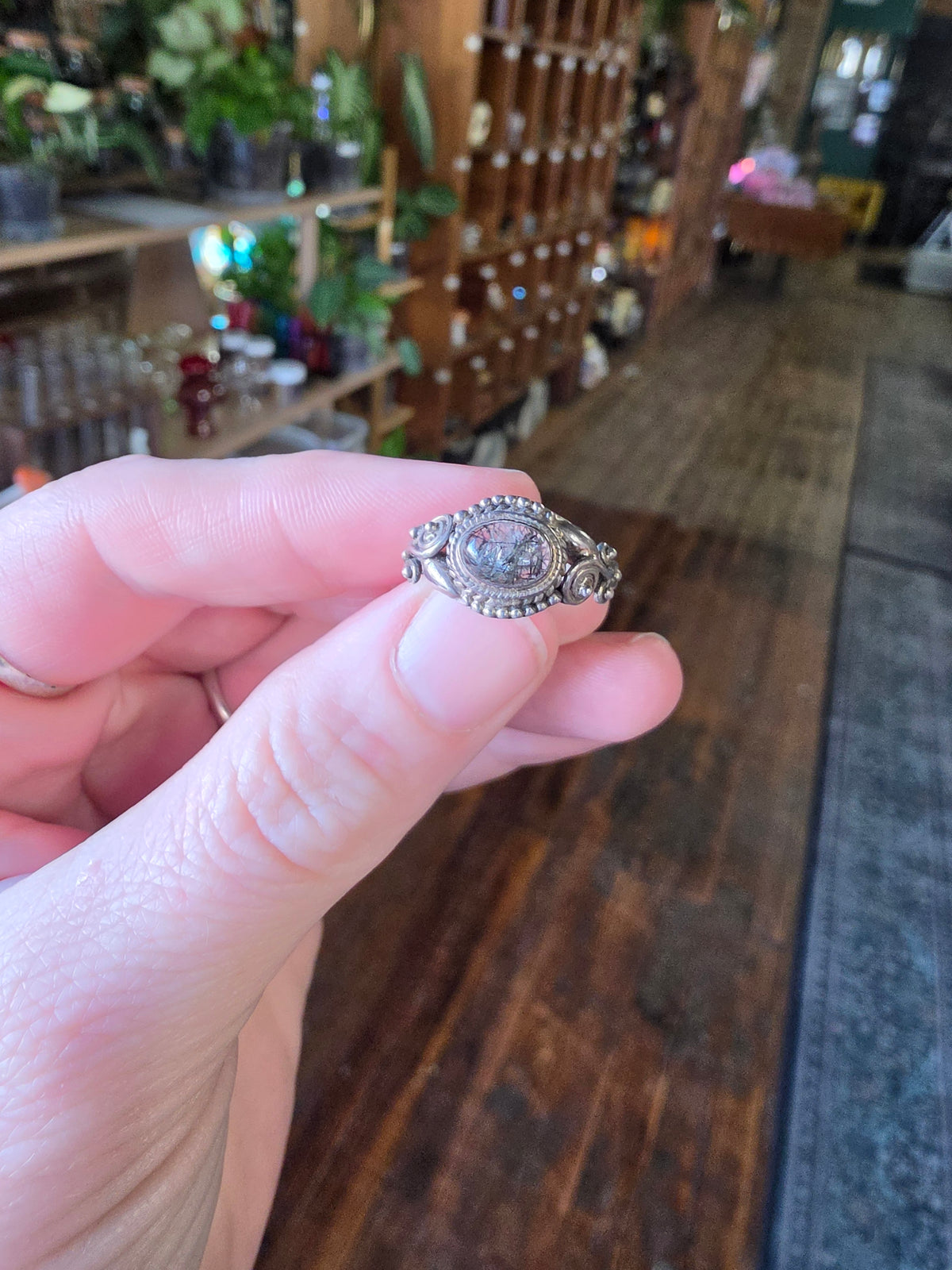 Black Tourmaline in Quartz Ring Size 6