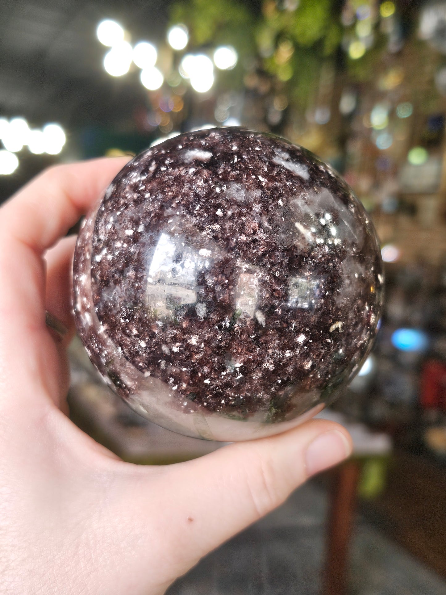 Green Tourmaline & Lepidolite in Quartz Sphere