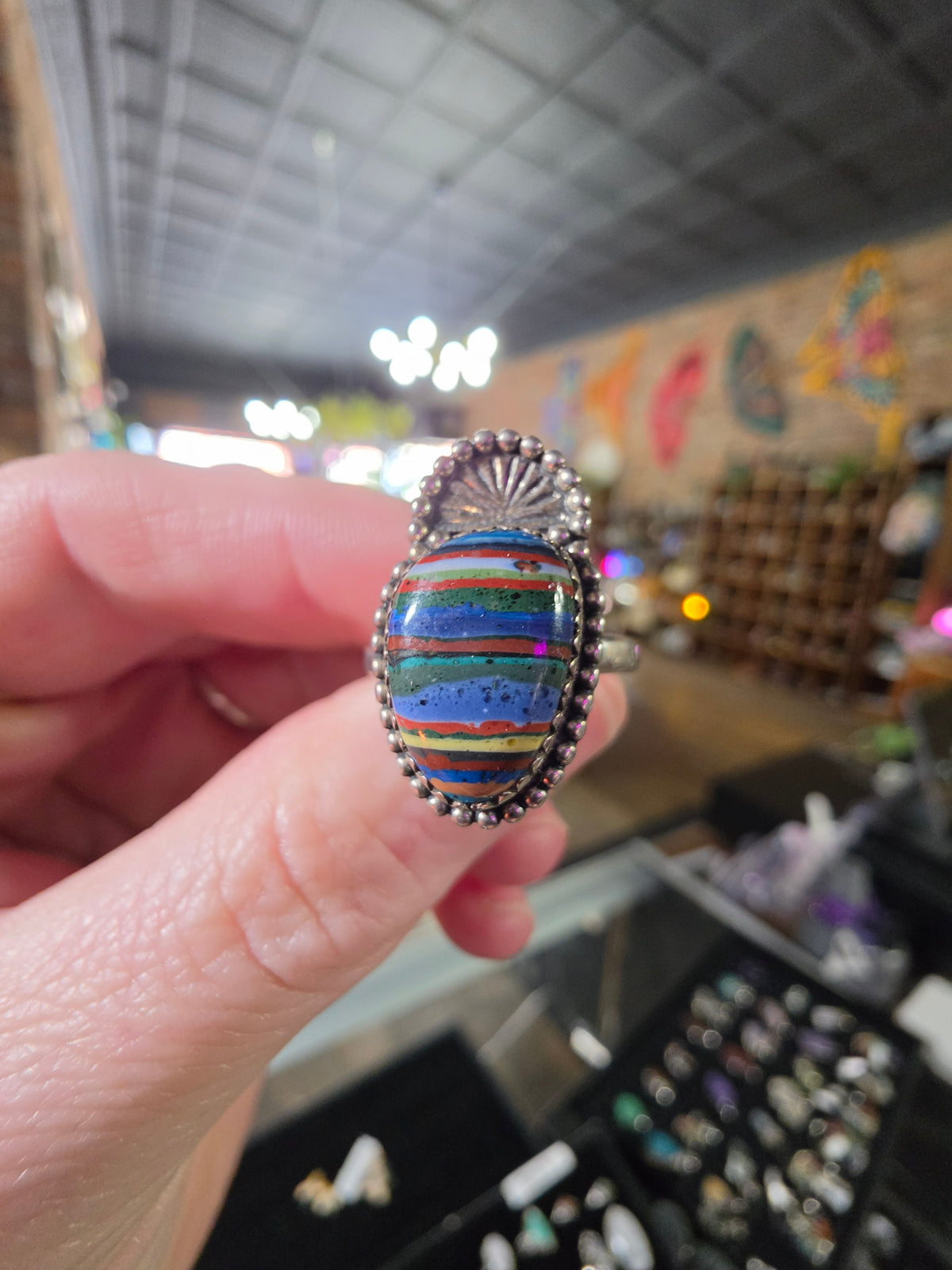 Rainbow Calsilica Ring Size 8.5 ( Manmade Stone)