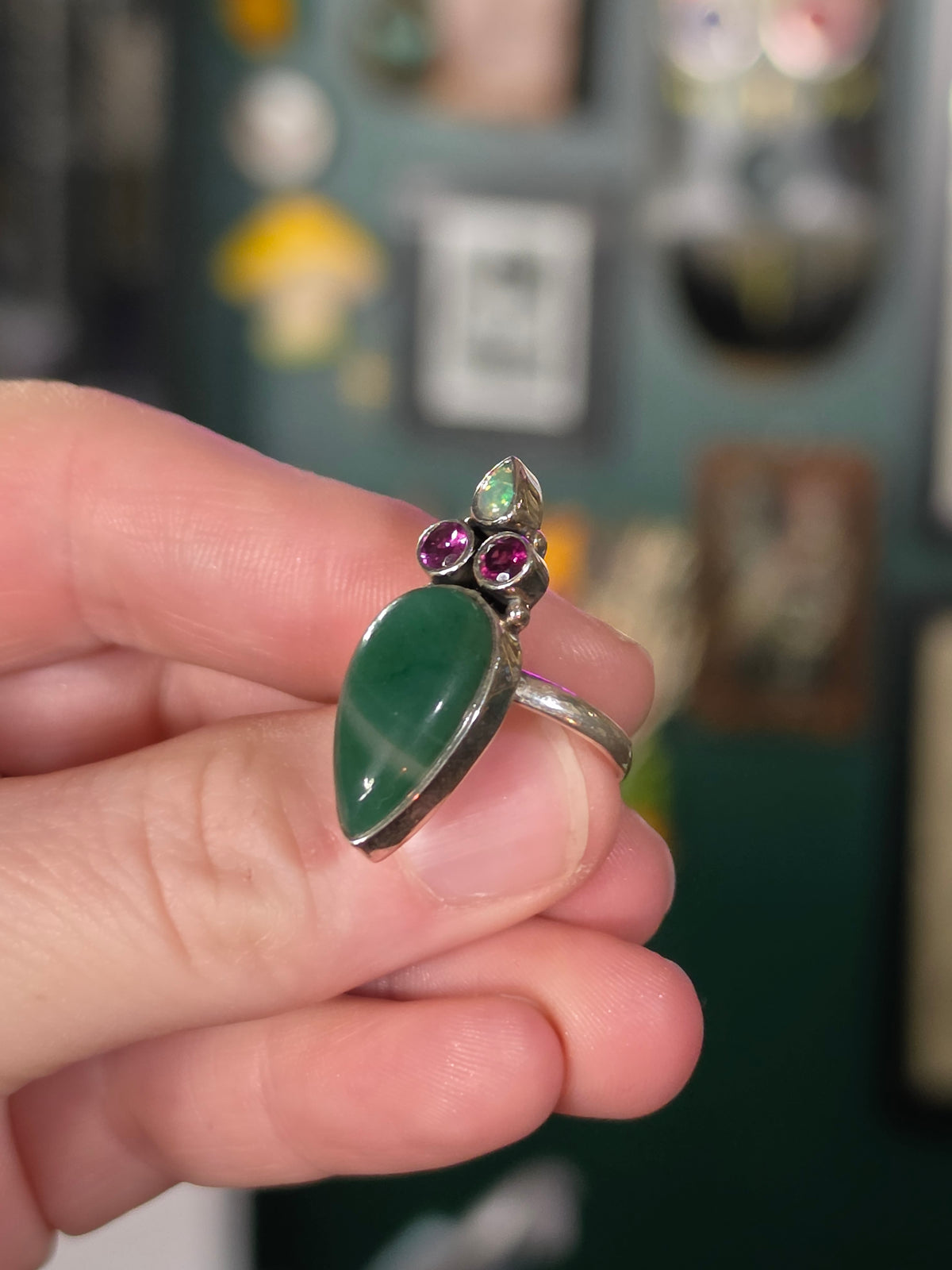 Size 7 Ethiopian Opal, Garnet & Jade Ring