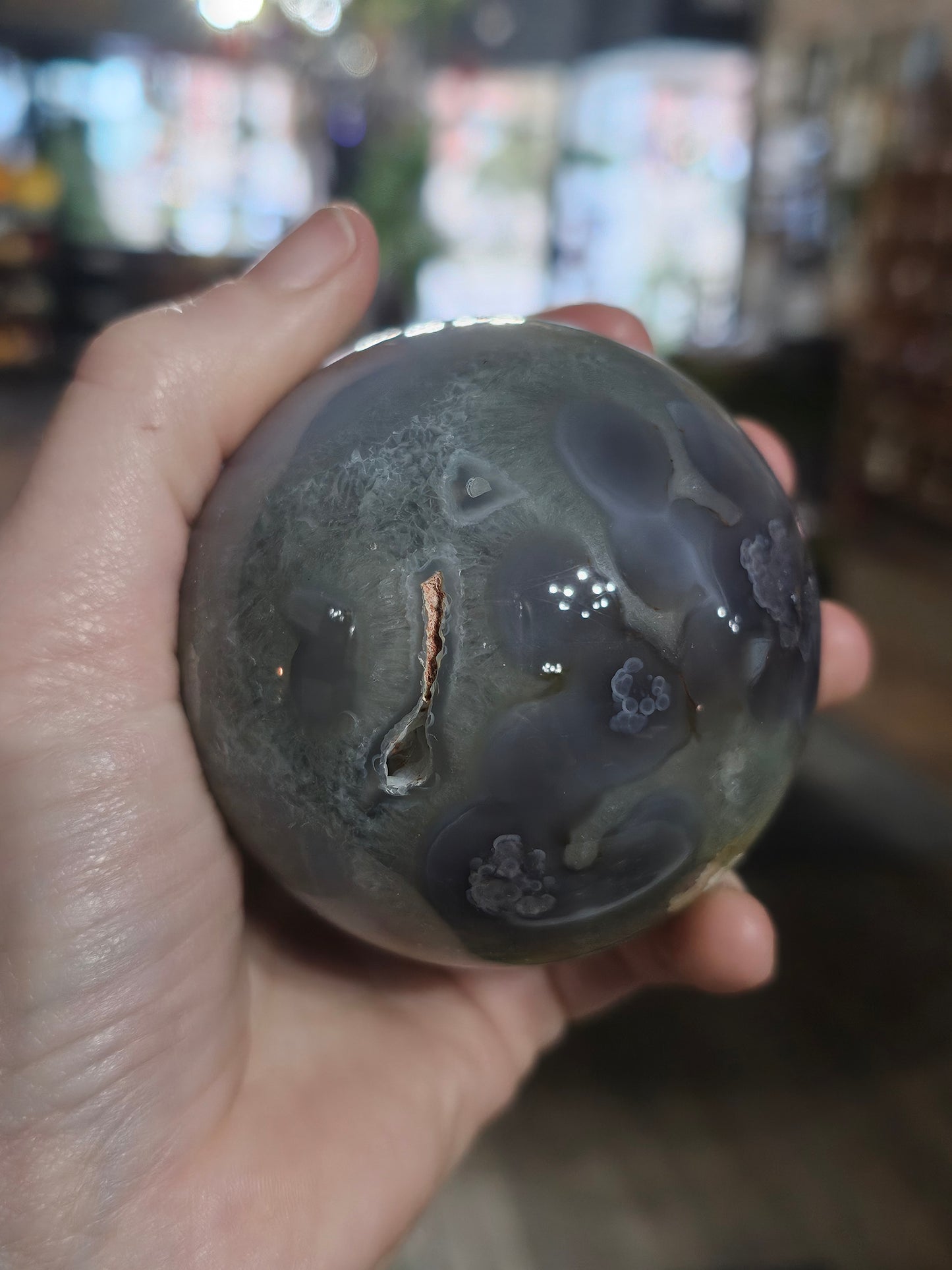 Purple Flower Agate with Prasiolite Sphere