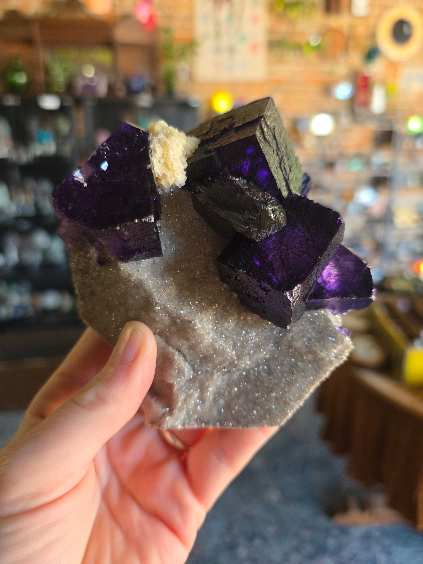 Fluorite, Sphalerite, Barite on Druzy Quartz