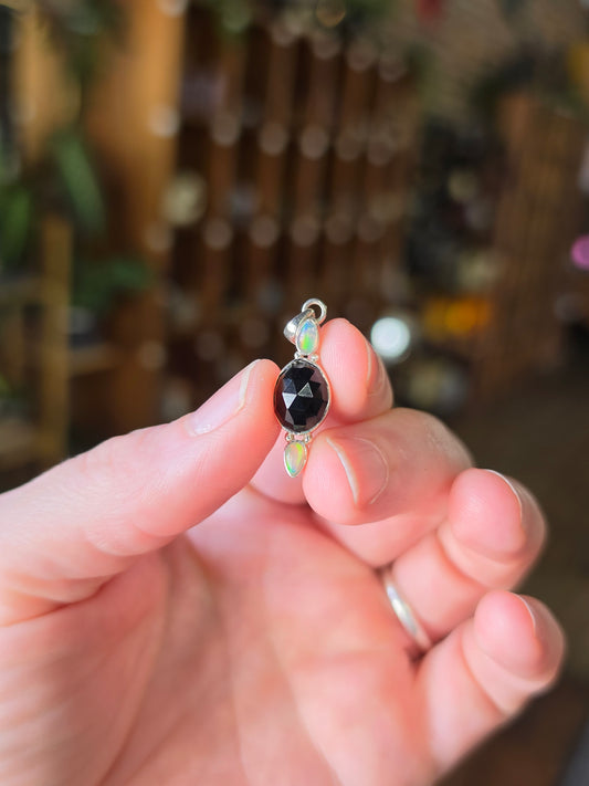 Black Onyx and Welo Opal Pendant