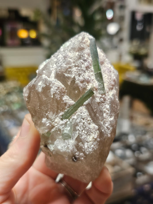 Green Tourmaline On Quartz with Lepidolite