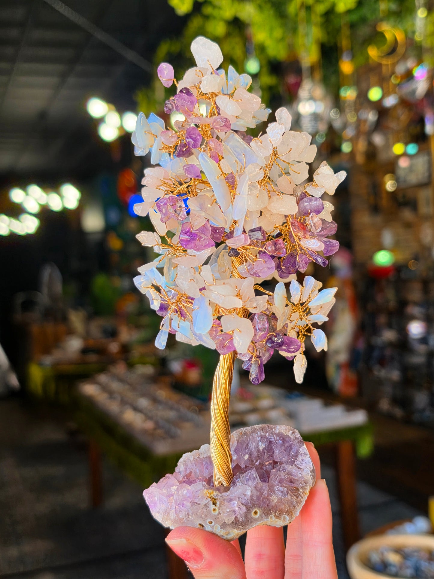Opalite, Rose Quartz, Amethyst Chip Bead Tree on Amethyst Cluster Base