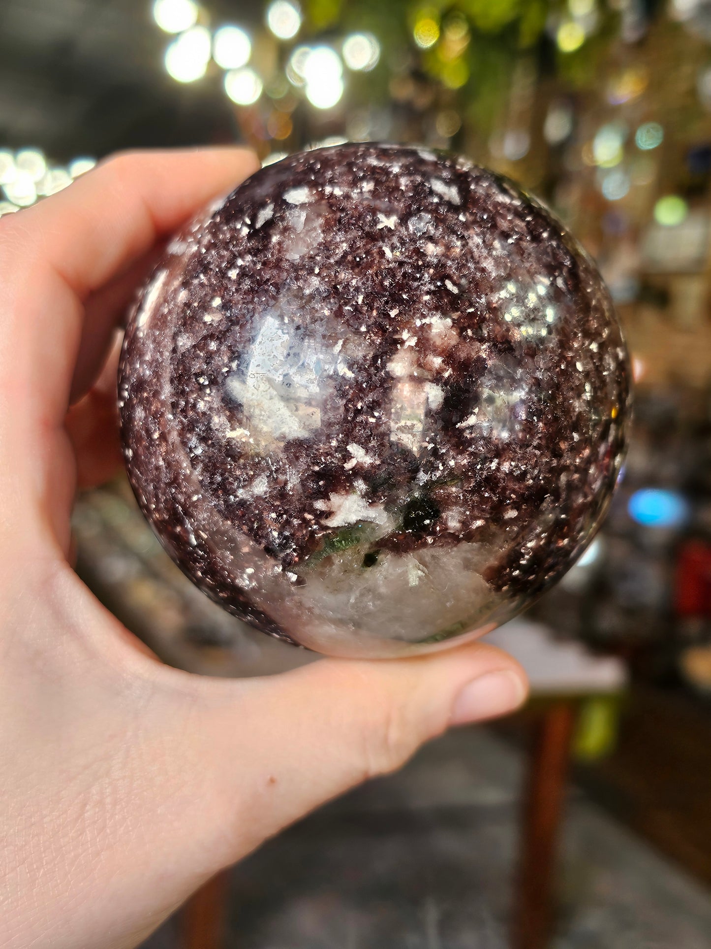 Green Tourmaline & Lepidolite in Quartz Sphere