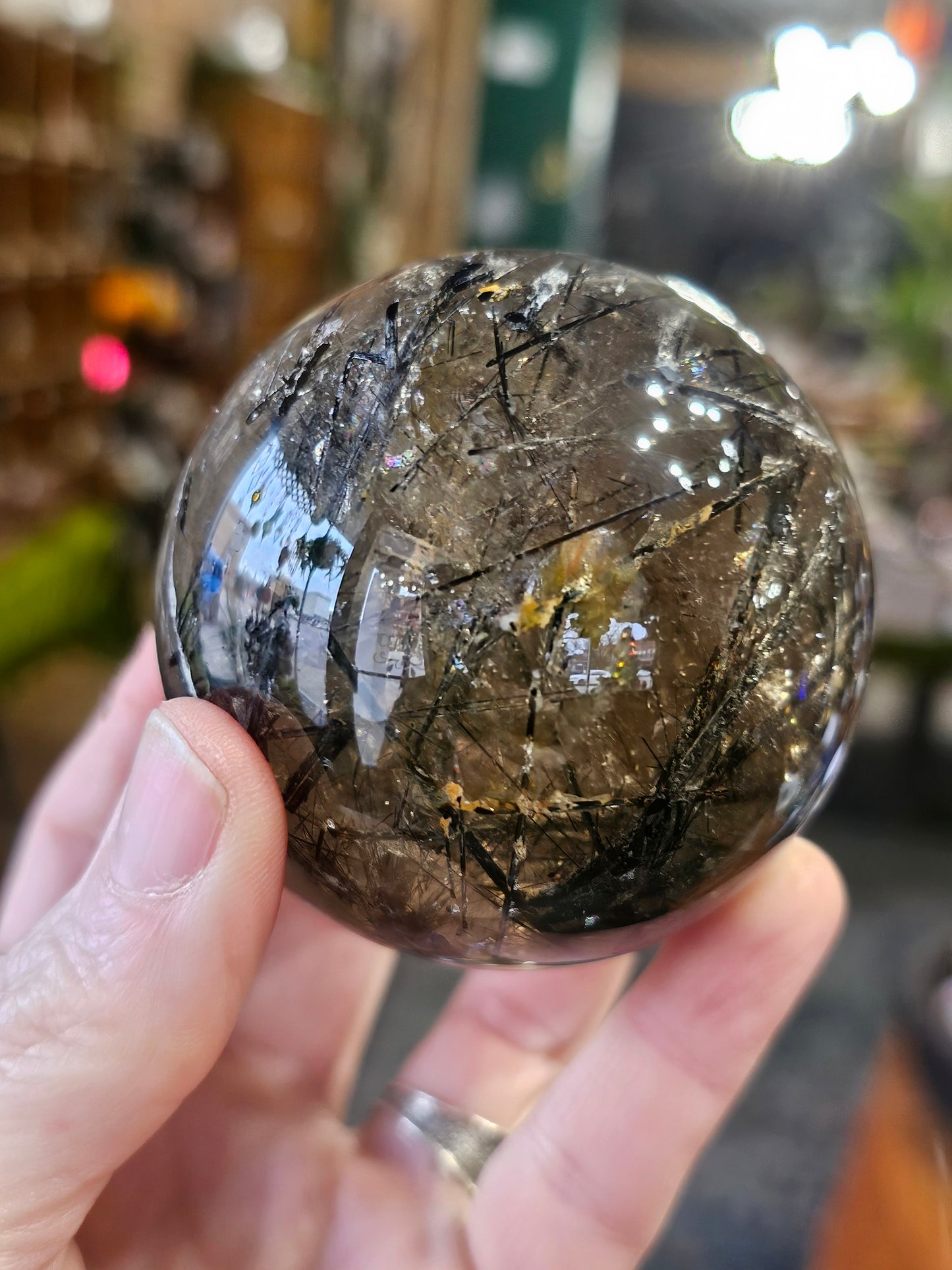 Black Tourmaline in Smoky Quartz Sphere