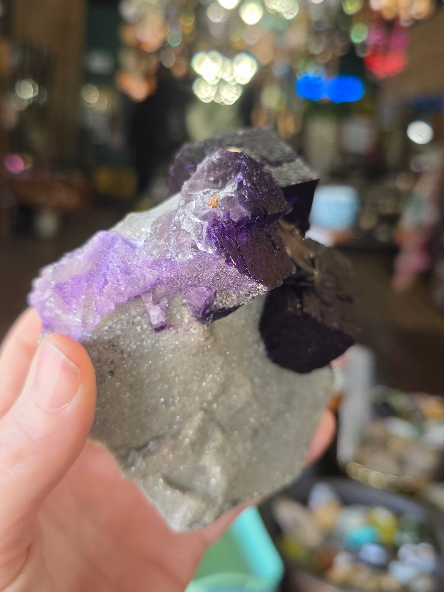 Fluorite, Sphalerite, Barite on Druzy Quartz