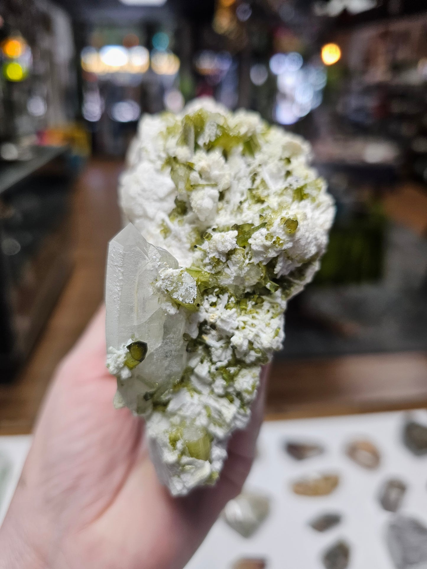 Green Tourmaline and Lepidolite on Albite