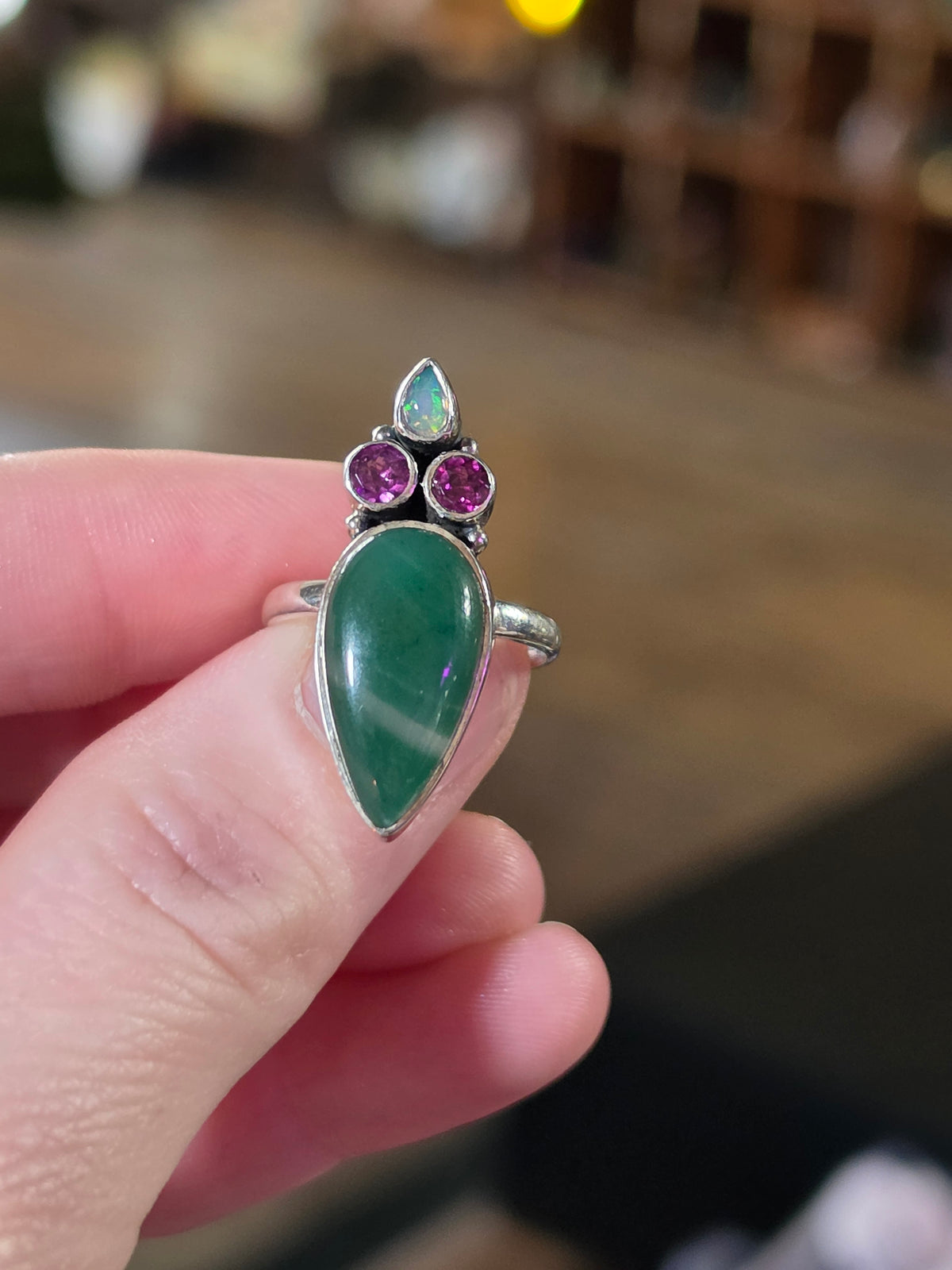 Size 7 Ethiopian Opal, Garnet & Jade Ring
