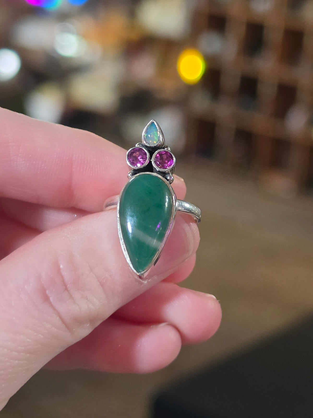 Size 7 Ethiopian Opal, Garnet & Jade Ring