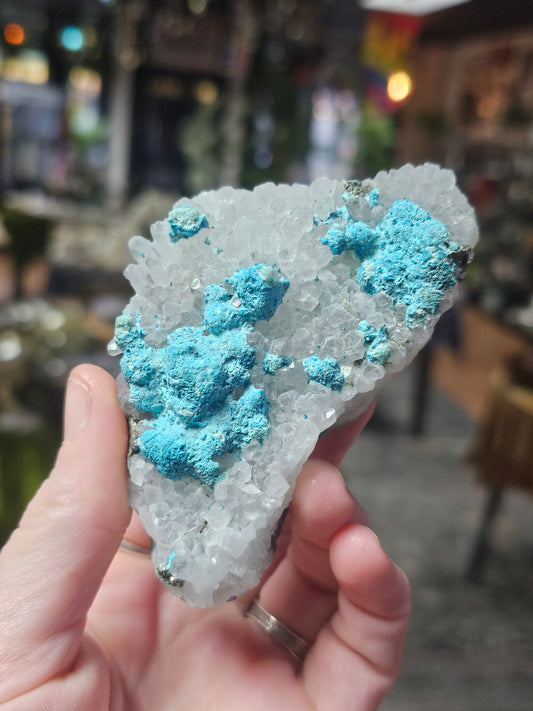 Chrysocolla and Pyrite on Quartz