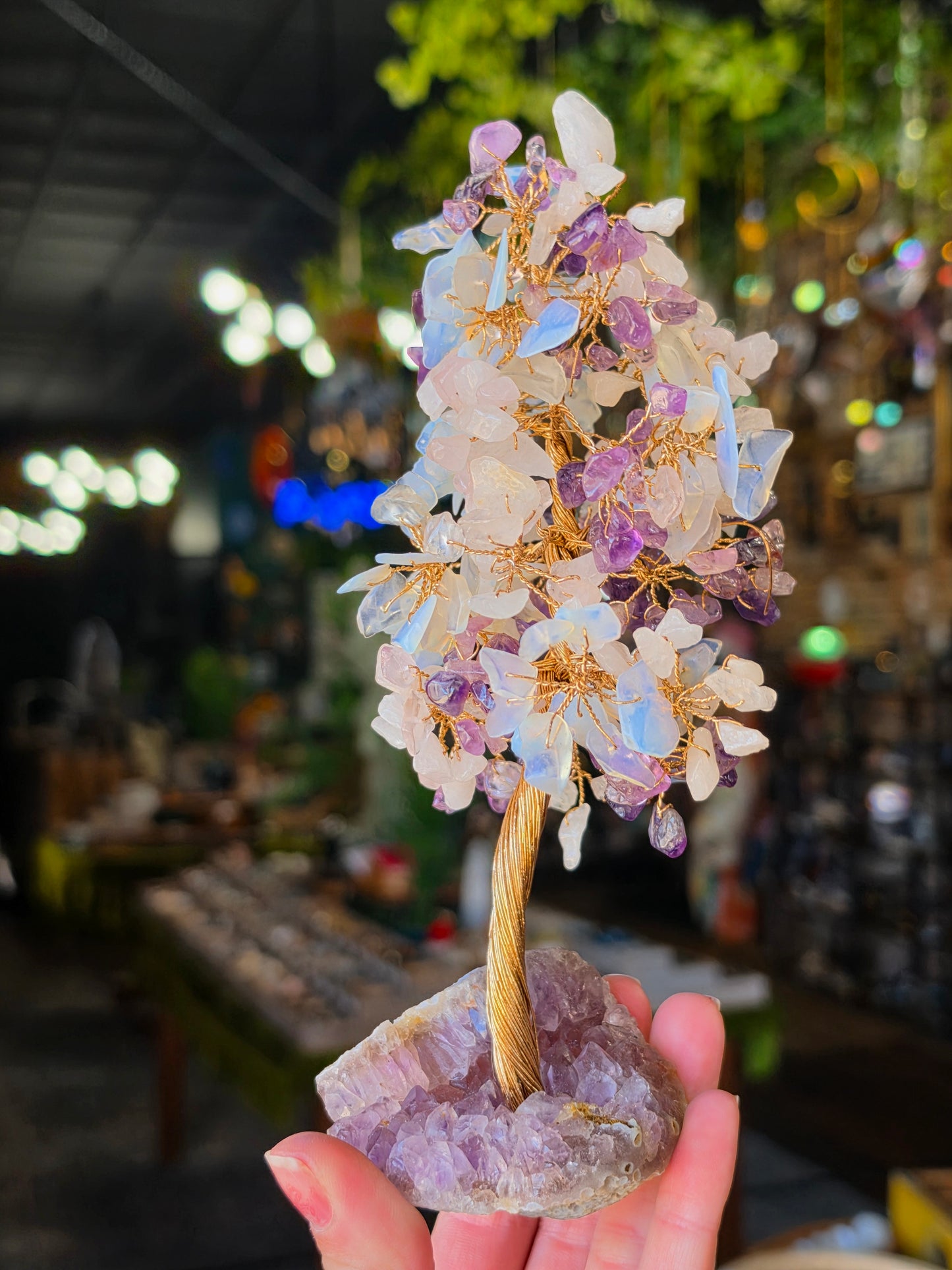 Opalite, Rose Quartz, Amethyst Chip Bead Tree on Amethyst Cluster Base