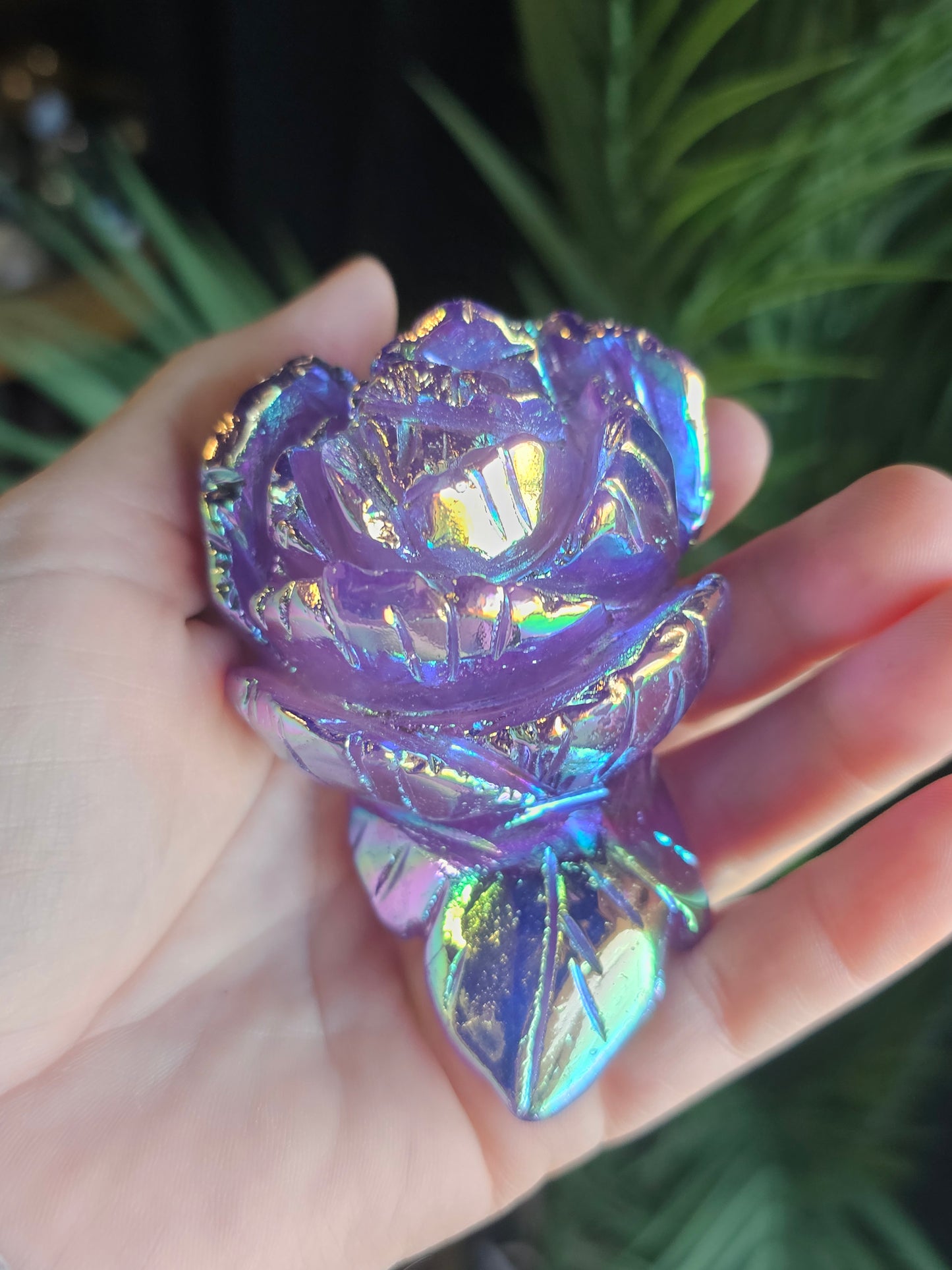 Aura Coated Amethyst Rose Bud Carving