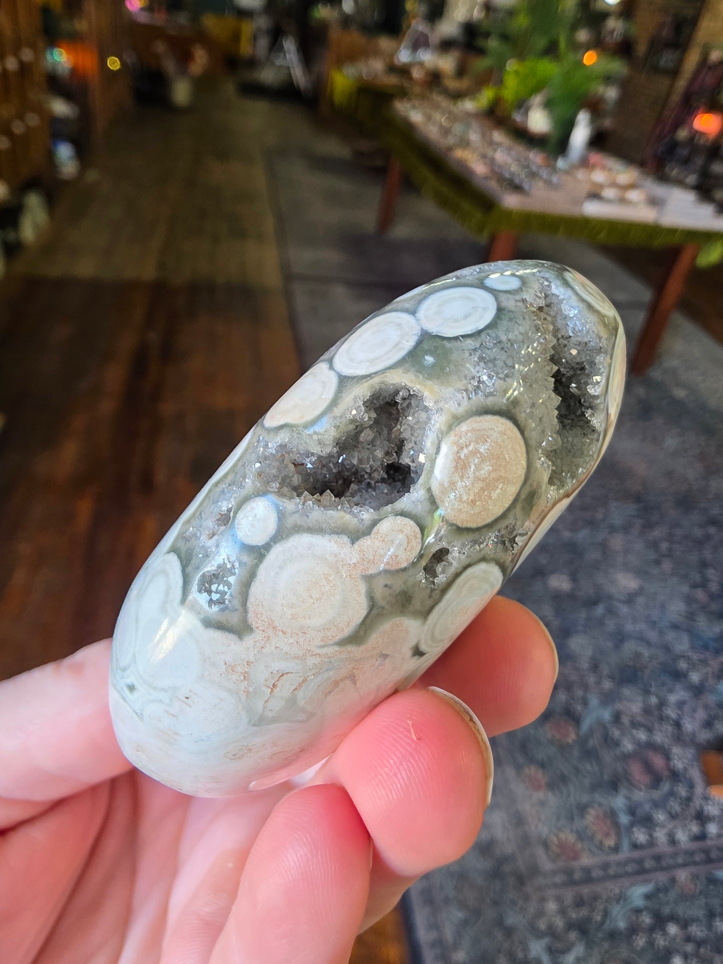 Large Druzy 8th Vein Ocean Jasper Palm Stone