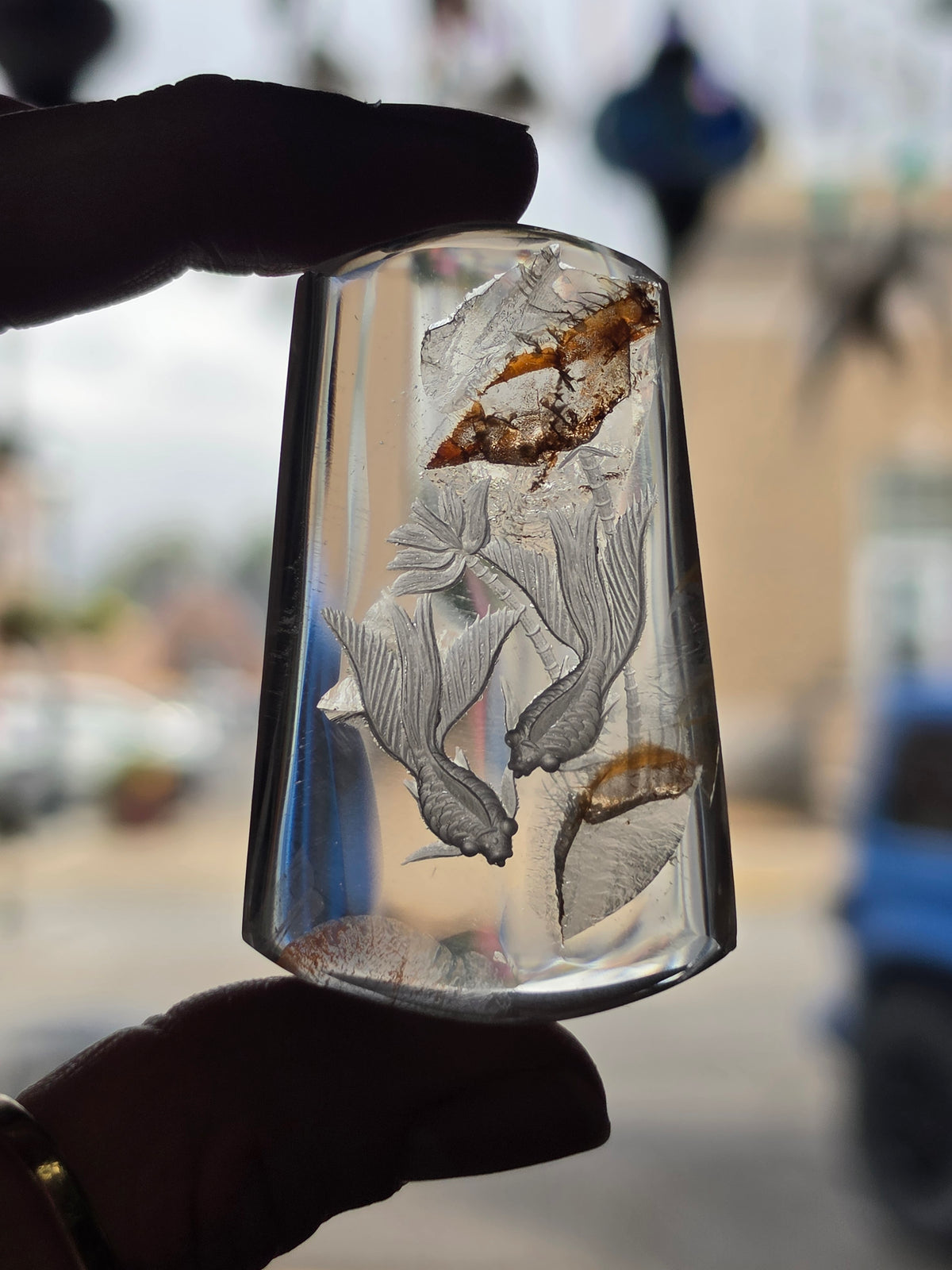 Koi Fish Lazer Engraved Iron Included Quartz